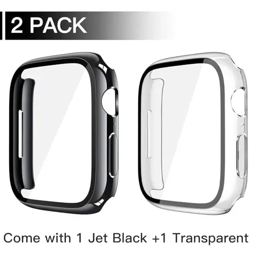 Misxi 2 Pack Tempered Glass Case Compatible for Apple Watch Series 11 (2025) Series 10 46mm, Hard PC Screen Protector Overall Protection Scratch-Resistant Cover for iWatch, 1 Jet Black + 1 Transparent - 2