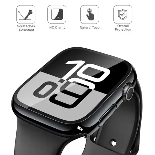 Misxi 2 Pack Tempered Glass Case Compatible for Apple Watch Series 11 (2025) Series 10 46mm, Hard PC Screen Protector Overall Protection Scratch-Resistant Cover for iWatch, 1 Jet Black + 1 Transparent - 3