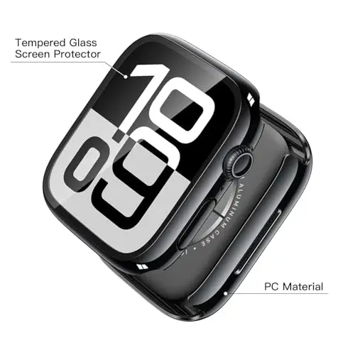 Misxi 2 Pack Tempered Glass Case Compatible for Apple Watch Series 11 (2025) Series 10 46mm, Hard PC Screen Protector Overall Protection Scratch-Resistant Cover for iWatch, 1 Jet Black + 1 Transparent - 4