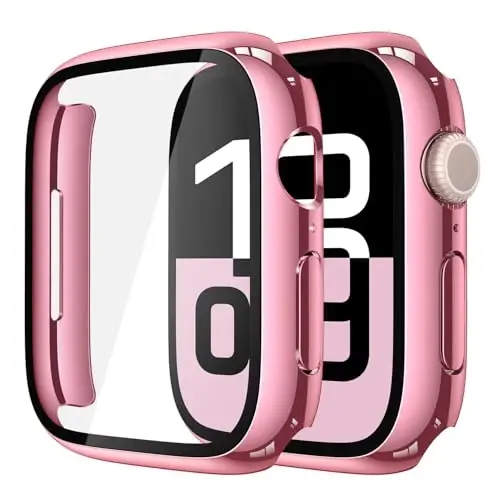 Misxi 2 Pack Tempered Glass Case Compatible for Apple Watch Series 11 (2025) Series 10 46mm, Hard PC Screen Protector Overall Protection Scratch-Resistant Cover for iWatch, 1 Rose Pink + 1 Transparent - MISXI