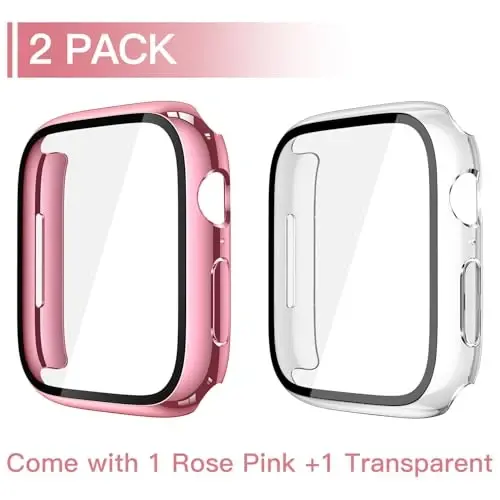 Misxi 2 Pack Tempered Glass Case Compatible for Apple Watch Series 11 (2025) Series 10 46mm, Hard PC Screen Protector Overall Protection Scratch-Resistant Cover for iWatch, 1 Rose Pink + 1 Transparent - MISXI (1)