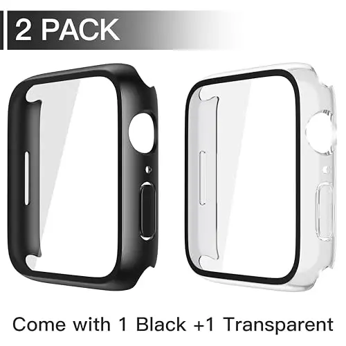 Misxi 2 Pack Tempered Glass Case Compatible for Apple Watch Series 11 (2025) Series 10 46mm, Hard PC Screen Protector Ultra-Thin Lightweight Scratch-Resistant Cover for iWatch, 1 Black + 1 Transparent - 2