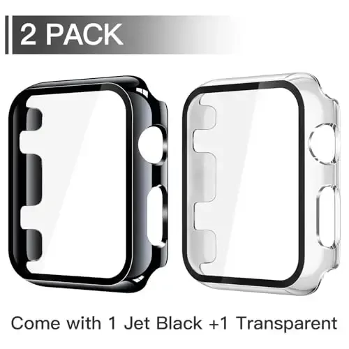 Misxi 2 Pack Tempered Glass Case Compatible for Apple Watch Series 3 Series 2 38mm, Hard PC Screen Protector Overall Protection Scratch-Resistant Cover for iWatch, 1 Jet Black + 1 Transparent - MISXI (1)