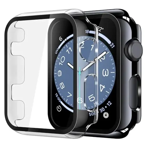 Misxi 2 Pack Tempered Glass Case Compatible for Apple Watch Series 3 Series 2 38mm, Hard PC Screen Protector Overall Protection Scratch-Resistant Cover for iWatch, 1 Jet Black + 1 Transparent - 1