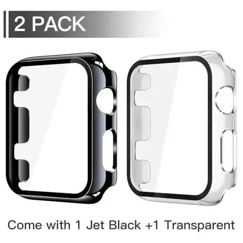 Misxi 2 Pack Tempered Glass Case Compatible for Apple Watch Series 3 Series 2 38mm, Hard PC Screen Protector Overall Protection Scratch-Resistant Cover for iWatch, 1 Jet Black + 1 Transparent - MISXI (1)