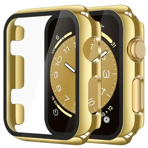 Misxi 2 Pack Tempered Glass Case Compatible for Apple Watch Series 3 Series 2 42mm, Hard PC Screen Protector Overall Protection Scratch-Resistant Cover for iWatch, 1 Gold + 1 Transparent 