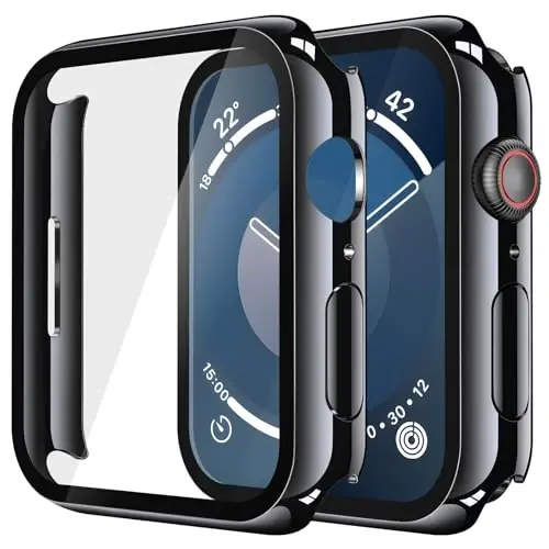 Misxi 2 Pack Tempered Glass Case Compatible for Apple Watch Series 9 Series 8 Series 7 41mm, Hard PC Screen Protector Overall Protection Scratch-Resistant Cover for iWatch, Jet Black - 1