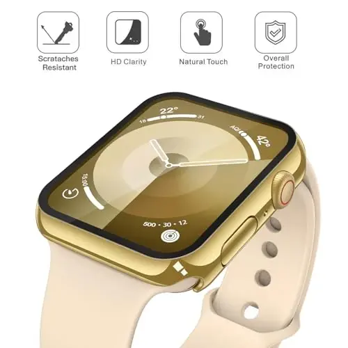 Misxi 2 Pack Tempered Glass Case Compatible for Apple Watch Series 9 Series 8 Series 7 41mm, Hard PC Screen Protector Overall Protection Scratch-Resistant Cover for iWatch, 1 Gold + 1 Transparent - 3