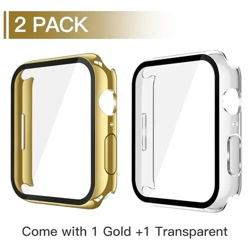 Misxi 2 Pack Tempered Glass Case Compatible for Apple Watch Series 9 Series 8 Series 7 41mm, Hard PC Screen Protector Overall Protection Scratch-Resistant Cover for iWatch, 1 Gold + 1 Transparent - 2