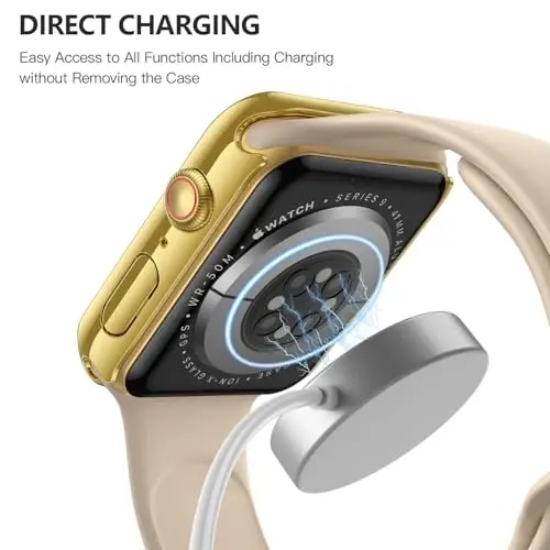 Misxi 2 Pack Tempered Glass Case Compatible for Apple Watch Series 9 Series 8 Series 7 41mm, Hard PC Screen Protector Overall Protection Scratch-Resistant Cover for iWatch, 1 Gold + 1 Transparent - 6