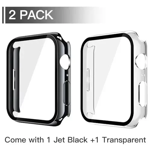 Misxi 2 Pack Tempered Glass Case Compatible for Apple Watch Series 9 Series 8 Series 7 45mm, Hard PC Screen Protector Overall Protection Scratch-Resistant Cover for iWatch, 1 Jet Black + 1 Transparent - MISXI (1)