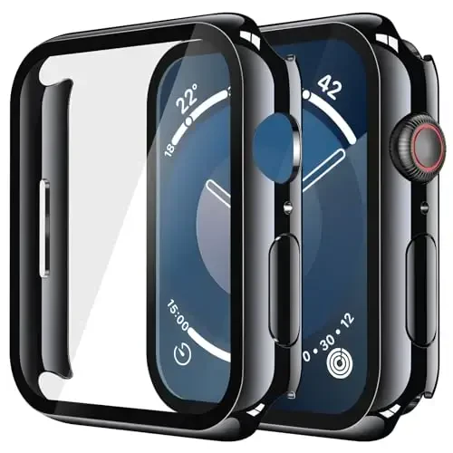 Misxi 2 Pack Tempered Glass Case Compatible for Apple Watch Series 9 Series 8 Series 7 45mm, Hard PC Screen Protector Overall Protection Scratch-Resistant Cover for iWatch, Jet Black 