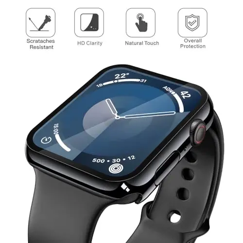 Misxi 2 Pack Tempered Glass Case Compatible for Apple Watch Series 9 Series 8 Series 7 45mm, Hard PC Screen Protector Overall Protection Scratch-Resistant Cover for iWatch, Jet Black - MISXI (1)