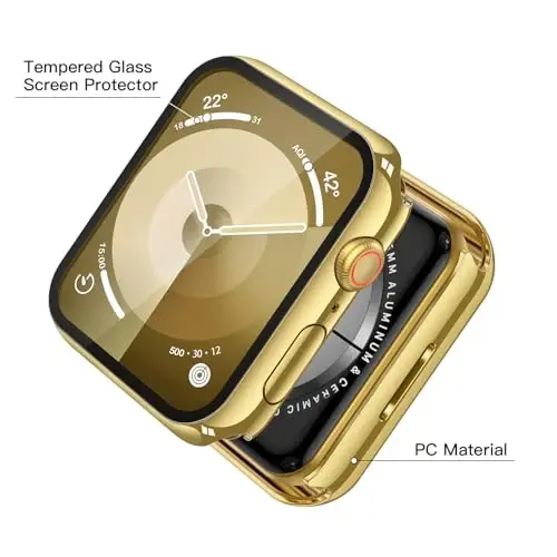 Misxi 2 Pack Tempered Glass Case Compatible for Apple Watch Series 9 Series 8 Series 7 45mm, Hard PC Screen Protector Overall Protection Scratch-Resistant Cover for iWatch, 1 Gold + 1 Transparent - 4