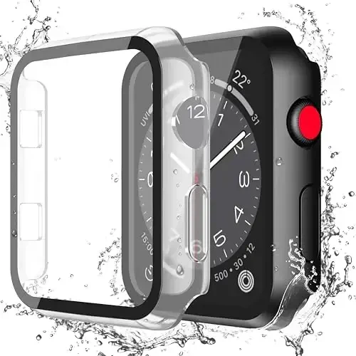 Misxi [2 Pack Waterproof Case with Button Designed for Apple Watch Series 3 Series 2 38mm, Anti-Fall Hard PC Cover with Tempered Glass Screen Protector for iWatch S3/S2, 1 Black + 1 Transparent 