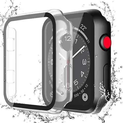 Misxi [2 Pack Waterproof Case with Button Designed for Apple Watch Series 3 Series 2 38mm, Anti-Fall Hard PC Cover with Tempered Glass Screen Protector for iWatch S3/S2, 1 Black + 1 Transparent - 1