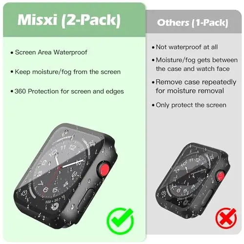 Misxi [2 Pack Waterproof Case with Button Designed for Apple Watch Series 3 Series 2 38mm, Anti-Fall Hard PC Cover with Tempered Glass Screen Protector for iWatch S3/S2, 1 Black + 1 Transparent - 4