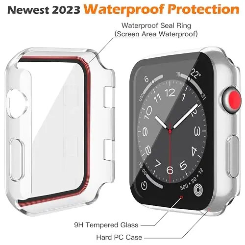 Misxi [2 Pack Waterproof Case with Button Designed for Apple Watch Series 3 Series 2 42mm, Anti-Fall Hard PC Cover with Tempered Glass Screen Protector for iWatch S3/S2, 1 Black + 1 Transparent - 5