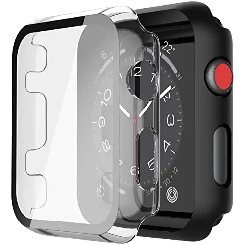 Misxi [2 Pack Waterproof Case with Button Designed for Apple Watch Series 3 Series 2 42mm, Anti-Fall Hard PC Cover with Tempered Glass Screen Protector for iWatch S3/S2, 1 Black + 1 Transparent - 6