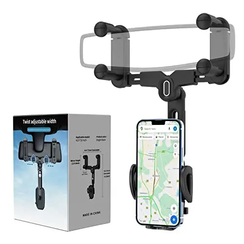 MIUOLV Car Phone Holder for Rearview Mirror, 360 Rotatable and Retractable, Fits 4.0-7.0 Inch Smartphones, Mirror-Black - 1