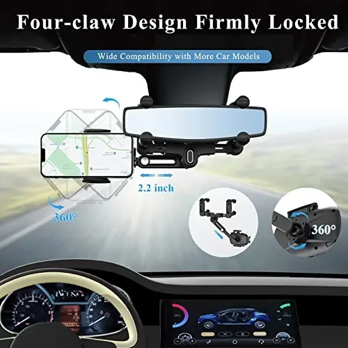 MIUOLV Car Phone Holder for Rearview Mirror, 360 Rotatable and Retractable, Fits 4.0-7.0 Inch Smartphones, Mirror-Black - 2