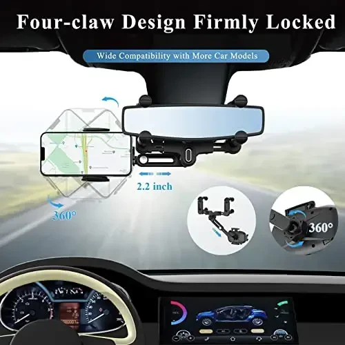 MIUOLV Car Phone Holder for Rearview Mirror, 360 Rotatable and Retractable, Fits 4.0-7.0 Inch Smartphones, Mirror-Black - MIUOLV (1)