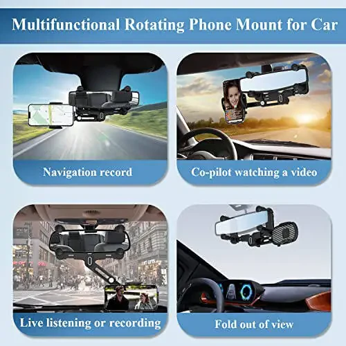 MIUOLV Car Phone Holder for Rearview Mirror, 360 Rotatable and Retractable, Fits 4.0-7.0 Inch Smartphones, Mirror-Black - 5