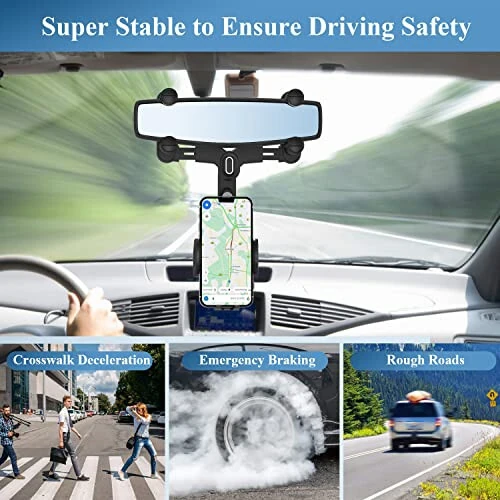 MIUOLV Car Phone Holder for Rearview Mirror, 360 Rotatable and Retractable, Fits 4.0-7.0 Inch Smartphones, Mirror-Black - 6