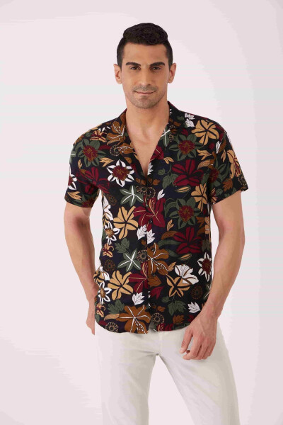 Mixed Color Men's Extra Slim Fit Floral Pattern Ascot Collar Short Sleeve Shirt - 89436 - 6