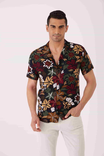 Mixed Color Men's Extra Slim Fit Floral Pattern Ascot Collar Short Sleeve Shirt - 89436 - 7