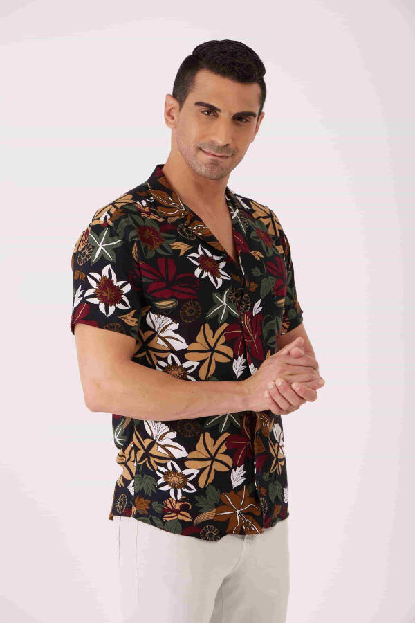 Mixed Color Men's Extra Slim Fit Floral Pattern Ascot Collar Short Sleeve Shirt - 89436 - 8