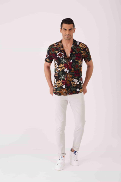 Mixed Color Men's Extra Slim Fit Floral Pattern Ascot Collar Short Sleeve Shirt - 89436 - 9