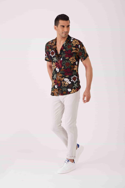 Mixed Color Men's Extra Slim Fit Floral Pattern Ascot Collar Short Sleeve Shirt - 89436 - 10