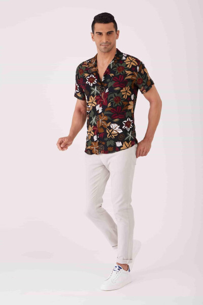 Mixed Color Men's Extra Slim Fit Floral Pattern Ascot Collar Short Sleeve Shirt - 89436 - 11