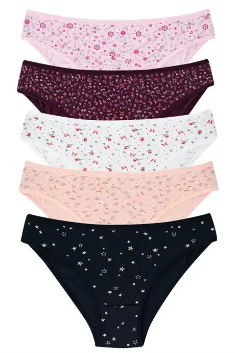 Mixed Colored 5-Pack Women's Patterned Panties Cotton Lycra Flexible Fabric - 1