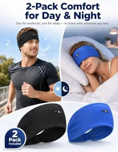 Mixiba Sleeping Headphones Bluetooth Headband with HD Stereo Speakers 2PCS | 14H Thin Speakers Bluetooth Headband for Sports Running Workouts Yoga Air Travel Meditation Gift - Black&Blue - MIXIBA (1)