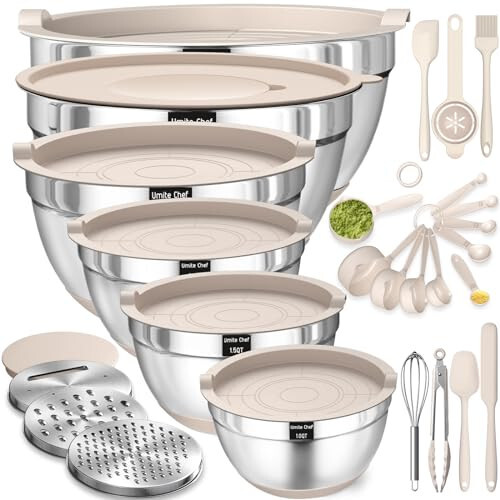 Mixing Bowls with Airtight Lids Set, 26PCS Stainless Steel Khaki Bowls with Grater Attachments, Non-Slip Bottoms & Kitchen Gadgets Set, Size 7, 4, 2.5, 2.0, 1.5, 1QT, Great for Mixing & Serving 