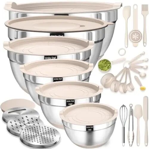 Mixing Bowls with Airtight Lids Set, 26PCS Stainless Steel Khaki Bowls with Grater Attachments, Non-Slip Bottoms & Kitchen Gadgets Set, Size 7, 4, 2.5, 2.0, 1.5, 1QT, Great for Mixing & Serving - 1