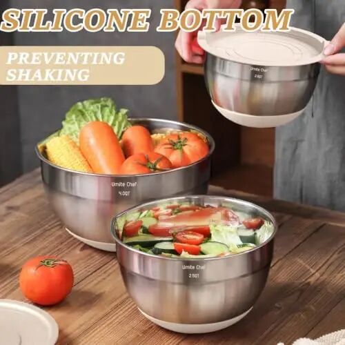 Mixing Bowls with Airtight Lids Set, 26PCS Stainless Steel Khaki Bowls with Grater Attachments, Non-Slip Bottoms & Kitchen Gadgets Set, Size 7, 4, 2.5, 2.0, 1.5, 1QT, Great for Mixing & Serving - 3