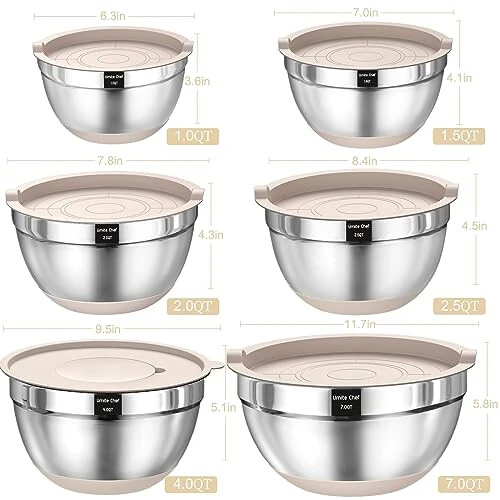 Mixing Bowls with Airtight Lids Set, 26PCS Stainless Steel Khaki Bowls with Grater Attachments, Non-Slip Bottoms & Kitchen Gadgets Set, Size 7, 4, 2.5, 2.0, 1.5, 1QT, Great for Mixing & Serving - Umite Chef (1)