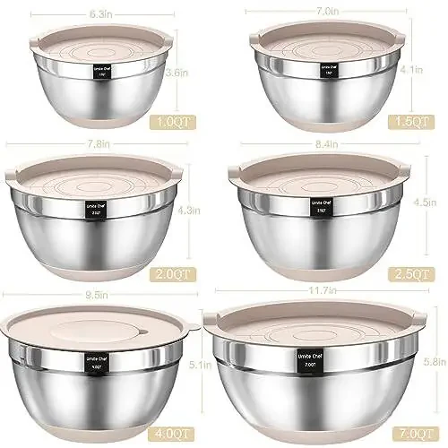 Mixing Bowls with Airtight Lids Set, 26PCS Stainless Steel Khaki Bowls with Grater Attachments, Non-Slip Bottoms & Kitchen Gadgets Set, Size 7, 4, 2.5, 2.0, 1.5, 1QT, Great for Mixing & Serving - 2