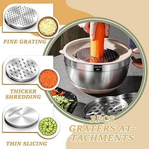 Mixing Bowls with Airtight Lids Set, 26PCS Stainless Steel Khaki Bowls with Grater Attachments, Non-Slip Bottoms & Kitchen Gadgets Set, Size 7, 4, 2.5, 2.0, 1.5, 1QT, Great for Mixing & Serving - 3