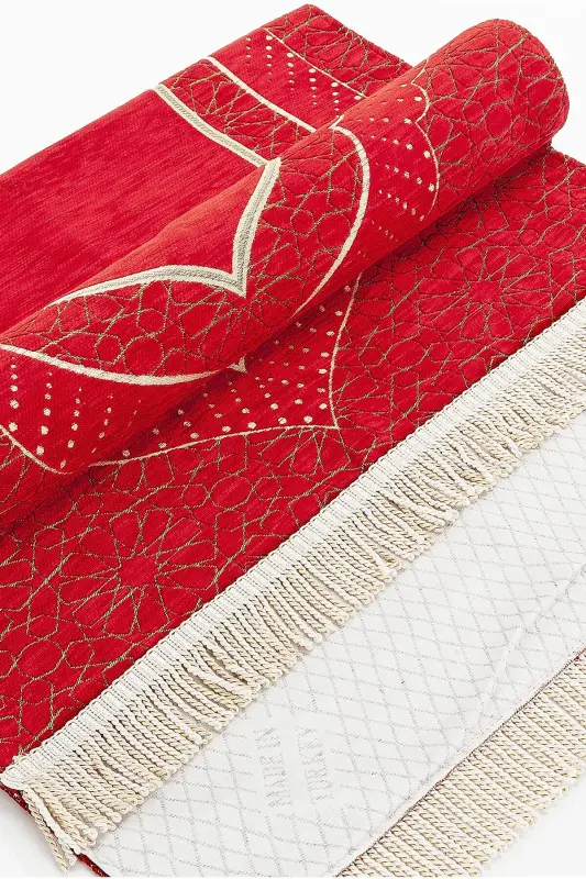 Михраб Дизайн Подкладка Синель Молитвенный Коврик - Красный-Красный - 4