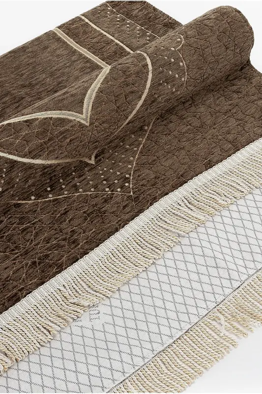 Михраб Дизайн Шенил Подкладка Молитвенный Коврик - Коричневый-Коричневый - 4