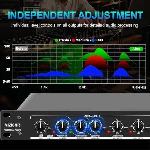 MIZISNR Professional 2/3 Way Stereo/4 Way Mono Crossover with XLR Input and Output, Stereo Audio Sound Processing for PA System with Subwoofer - 5
