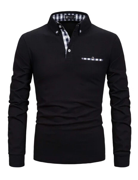 MLANM Mens Casual Long Sleeve Plaid Collar Polo Shirt Slim Fit Basic Shirts, S Black- - MLANM (1)