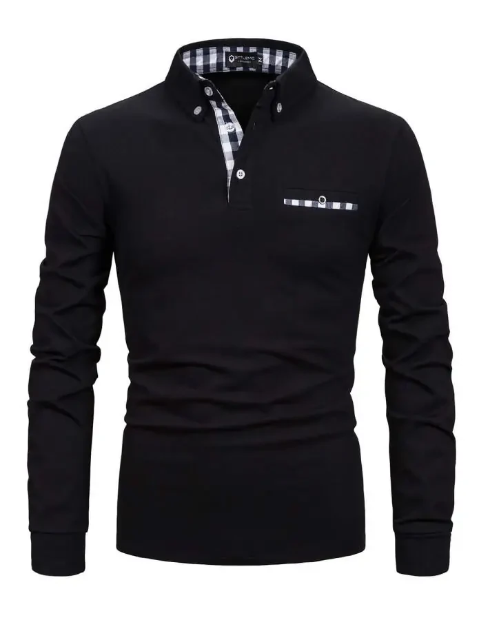 MLANM Mens Casual Long Sleeve Plaid Collar Polo Shirt Slim Fit Basic Shirts, S Black- - 2