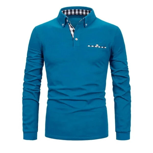 MLANM Mens Casual Long Sleeve Plaid Collar Polo Shirt Slim Fit Basic Shirts, S Light Blue- - 2