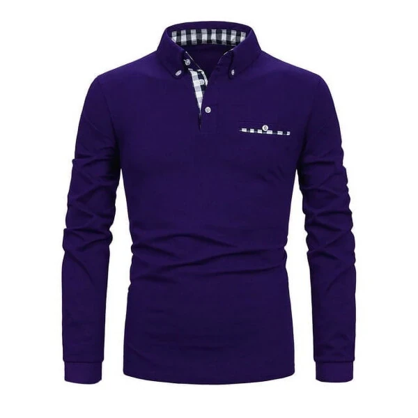 MLANM Mens Casual Long Sleeve Plaid Collar Polo Shirt Slim Fit Basic Shirts, L Purple - MLANM (1)