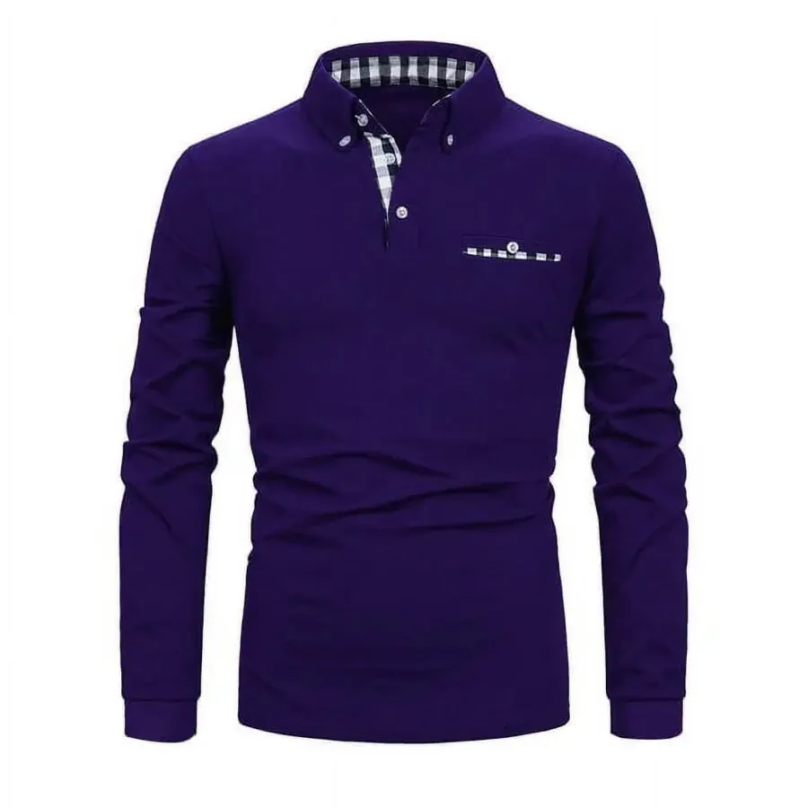 MLANM Mens Casual Long Sleeve Plaid Collar Polo Shirt Slim Fit Basic Shirts, L Purple - 2